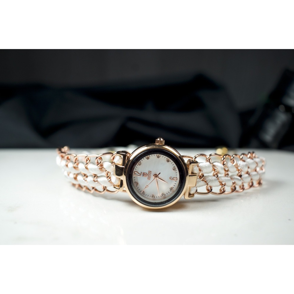 Montres Prestige Womens Watch Rose Gold Tone Braided Bracelet MOP Dial w/ Box